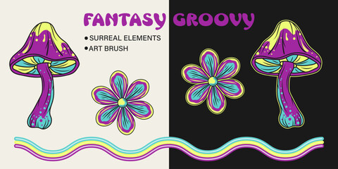 Set of design elements with fantasy mushroom, chamomile flower, psychedelic striped art brush. Clip art for groovy, hippie, mystical style
