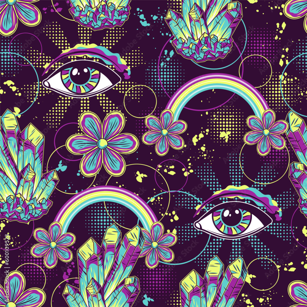 Wall mural surreal pattern with all seeing eye, gemstones, crystals, flowers, paint splatter, halftone shapes. 