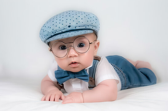 illustration of baby wearing hat, glasses, and bow tie in vintage style with light blue and white, generative AI