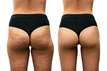 Young tanned woman's thighs and buttocks with cellulite before and after treatment on white background. Getting rid of excess weight. Result of diet, sports, massage. Improving the skin on legs - obrazy, fototapety, plakaty