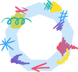 Colorful polygonal frame element with doodle lines. Editable vector template for card, invitation, social media post, poster, mobile app, web ad. Simple vector isolated on white background