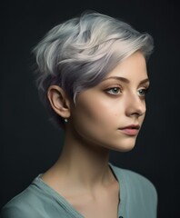 Portrait of a fictional short haired woman with grey white dyed hair. Pixie hairstyle hair salon portrait, isolated. Generative AI illustration.