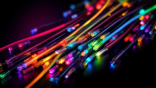 Wires from modern technology are bright and with neon light. Glowing, colorful background. AI generated.