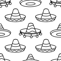 Sombrero hats doodle illustration seamless pattern. Vector hand drawn background of Mexican fiesta party and Cinco de Mayo holiday.