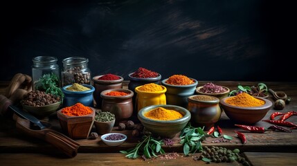 Spices and herbs on wooden table, Generative AI
