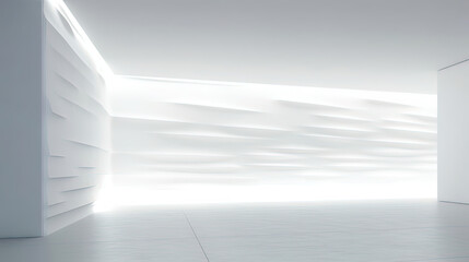 empty white room, white wall with light in interior, sober clean grey and white interior. Illustration, generative AI