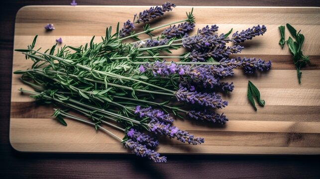 Lavender flowers, herb on wooden board, Generative AI