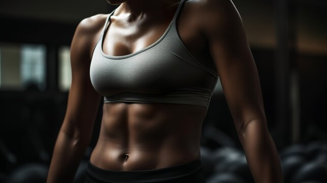 Fitness woman showing abs and flat belly, Close up, Gnerative AI