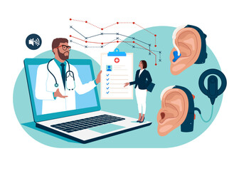 Online Audiologist ENT-Doctor сonsultate with a patient.  Internet Medical Hospital Diagnostics. Flat vector illustration