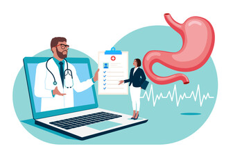 Online Doctor consultate with a patient. Medical conference. Digestive system anatomy. Design element for gastroenterology, medicine, biology.  Flat vector illustration