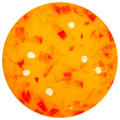 Close up texture of sweet spicy mango chili sauce with pieces and seeds of red chili pepper