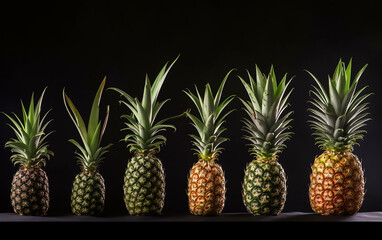 Evolution of pineapples showcased in a lineup, from smallest to ripest, symbolizing growth and the stages of tropical fruit development.