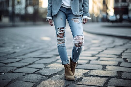Woman in ripped jeans and boots walking on city street. Closeup of the feet. Denim fashion concept