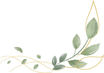 Watercolor green branch with leaves, foliage. Elegant golden Botanical Twig for decorate Wedding greeting card, invitation, banner design. Illustration  PNG isolated on transparent background