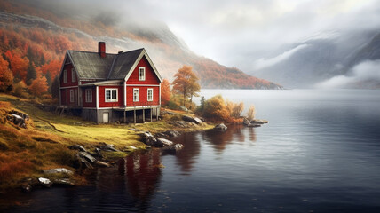 Illustration of beautiful landscape of typical red and colorful cottage of the Norwegian culture and architecture in Norway. AI Generative