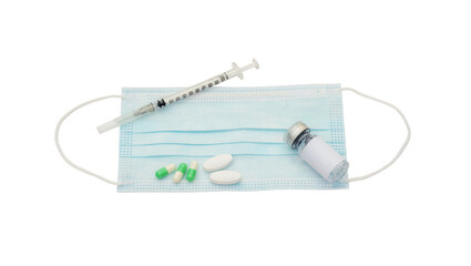 A bottle of vaccine, syringe, medicine, and surgical mask on a white background. - 600114312