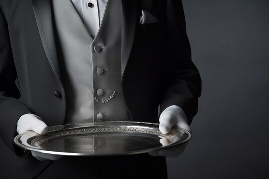 Tuxedo wearing waiter holding silver tray in front of his body.