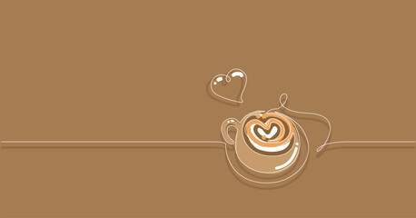 One line vector illustration with cappuccino cup. Coffee mug art with heart shape.	