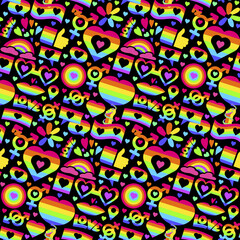 Neon gender pride signs seamless pattern. Progressive sexual relations between sexes groups. Ornament for printing on fabric, cover and packaging. Illuminated vector isolated on black background