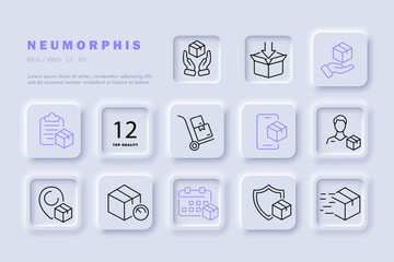 Box packaging icon set. A visual representation of cardboard or paper boxes used for packaging and Transportation of goods. Neomorphism style. Vector line icon for Business