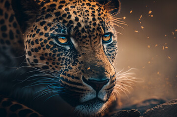 Fototapeta na wymiar Leopard close-up. Wild cat in nature. Look brutal, lying leopard, powerful big cat.