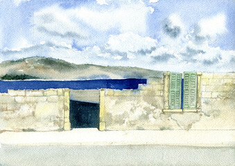 Malta Landscape with ruins, Mediterranean watercolor illustration in St Paul's Bay