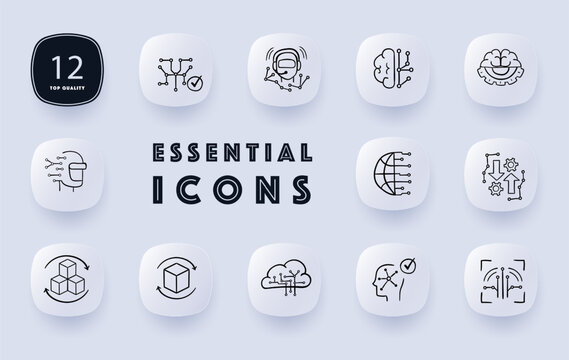 Artificial intelligence icon set. A visual representation of the simulation of human intelligence. Ai. Glassmorphism style. Vector line icon for Business and Advertising