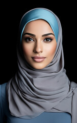 Intricate details of a woman's face adorned with subtle makeup, gracefully covered with a hijab.