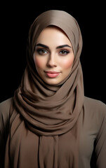 Naklejka premium Beautiful woman draped in a hijab, her eyes telling a story, set against a contrasting black background.