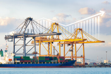 Cargo ship, cargo container work with crane at dock, port or harbour. Freight transport with up...