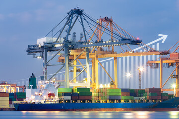 Cargo ship, cargo container work with crane at dock, port or harbour. Freight transport with up...