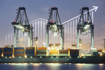 Cargo ship, cargo container work with crane at dock, port or harbour. Freight transport with up...