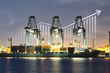 Cargo ship, cargo container work with crane at dock, port or harbour. Freight transport with up arrow, increase graph or bar chart. Concept for export, growth market, trade, profit, demand and supply.