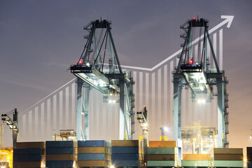 Cargo ship, cargo container work with crane at dock, port or harbour. Freight transport with up arrow, increase graph or bar chart. Concept for export, growth market, trade, profit, demand and supply.
