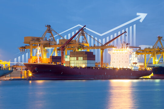 Cargo ship, cargo container work with crane at dock, port or harbour. Freight transport with up arrow, increase graph or bar chart. Concept for export, growth market, trade, profit, demand and supply.