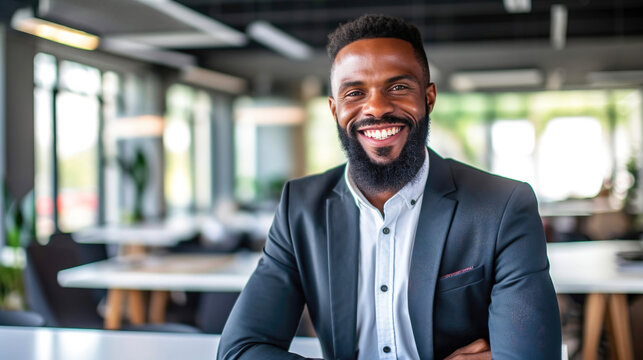 Business man in a modern office, black man smiling small business owner, executive or sales manager, leadership position, ceo, successful portrait - diversity, generative ai