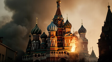 Kremlin towers in Moscow City on fire, St. Basil's Cathedral and Kremlin in Flames, Architecture on the Red Square in russian capital city - Concept Art. Generative AI 