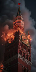 Kremlin Tower in Moscow City on fire,  close up view, Architecture of the Spasskaya Tower of the Kremlin in Flames, Red Square - Concept Art Depicting Moscow Burning. Generative AI 