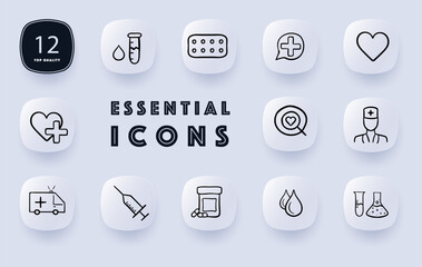Medicine and pills icon set. Industry and the importance of medication in treating illnesses. Healthcare concept. Glassmorphism style. Vector line icon for Business and Advertising