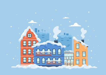 Fototapeta na wymiar Snow city concept. Cold weather and winter season. New Years and Christmas. City landscape under snowdrifts, beautiful buildings. Design element for greeting card. Cartoon flat vector illustration