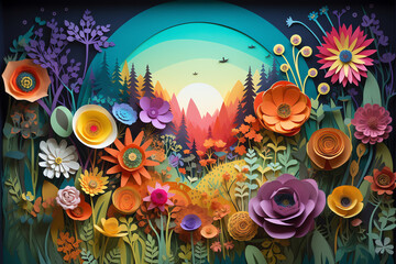 Obraz na płótnie Canvas A paper art style scene of a garden in full bloom. generative AI