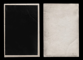 Old Black Empty Aged Vintage Retro Damaged Paper Cardboard Photo Card. Blank Frame. Front and Back Side. Rough Grunge Shabby Scratched Texture. Distressed Overlay Surface for Collage. High Quality. - 600119174