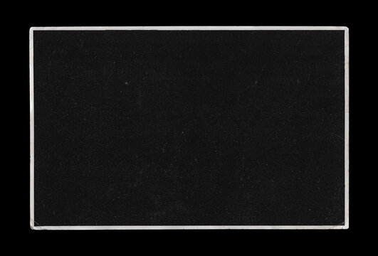 Old Black Empty Aged Vintage Retro Damaged Paper Cardboard Photo Card. Blank Frame. Front and Back Side. Rough Grunge Shabby Scratched Texture. Distressed Overlay Surface for Collage. High Quality.