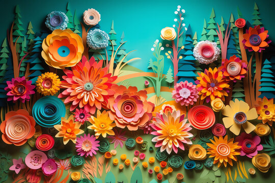 a garden in full bloom paper art. generative AI