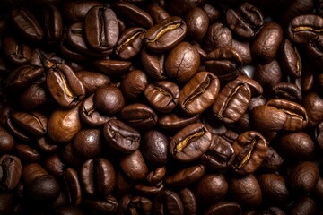 Fototapeta premium Background - grains of coffee. View from above. Generative AI.