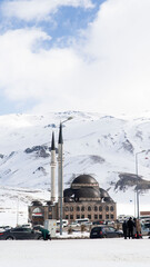 Mosque at ski resort in winter, Ercieyes Mountain, Keyseri, Turkiye
