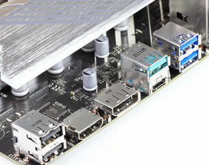 Multiple ports on modern computer mainboard show with USB 2.0, HDMI, Display port, USB 3.2 type A and type C, usb 3.1.