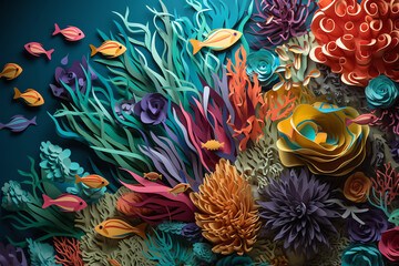colorful coral reef paper art. generative AI
