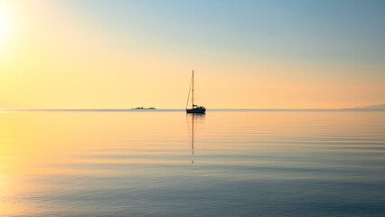 Naklejka na ściany i meble A sailboat on the Aegean coast of Turkey in the early morning