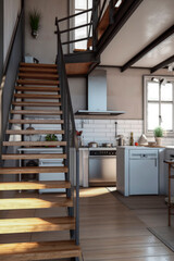 Fototapeta na wymiar Generative AI illustration of kitchen open loft living space with large spiral stairs and vintage reclaimed natural wood furniture